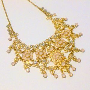 Gold Tone Pink and Clear Rhinestone Statement Bib Necklace *
